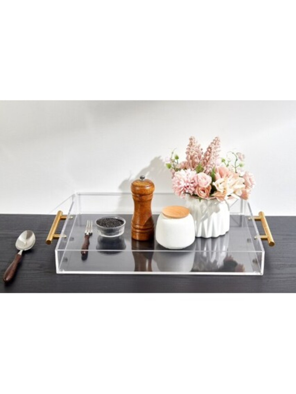 Clear Acrylic Serving Tray Gold Handles 11x14 Decorative Coffee Table Ottoman